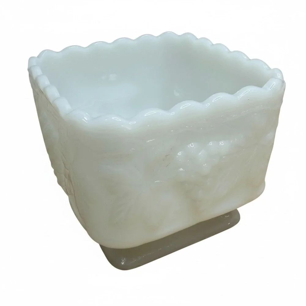 Vintage Colony Milk Glass Harvest Grape Square Planter Vase Scalloped Edge